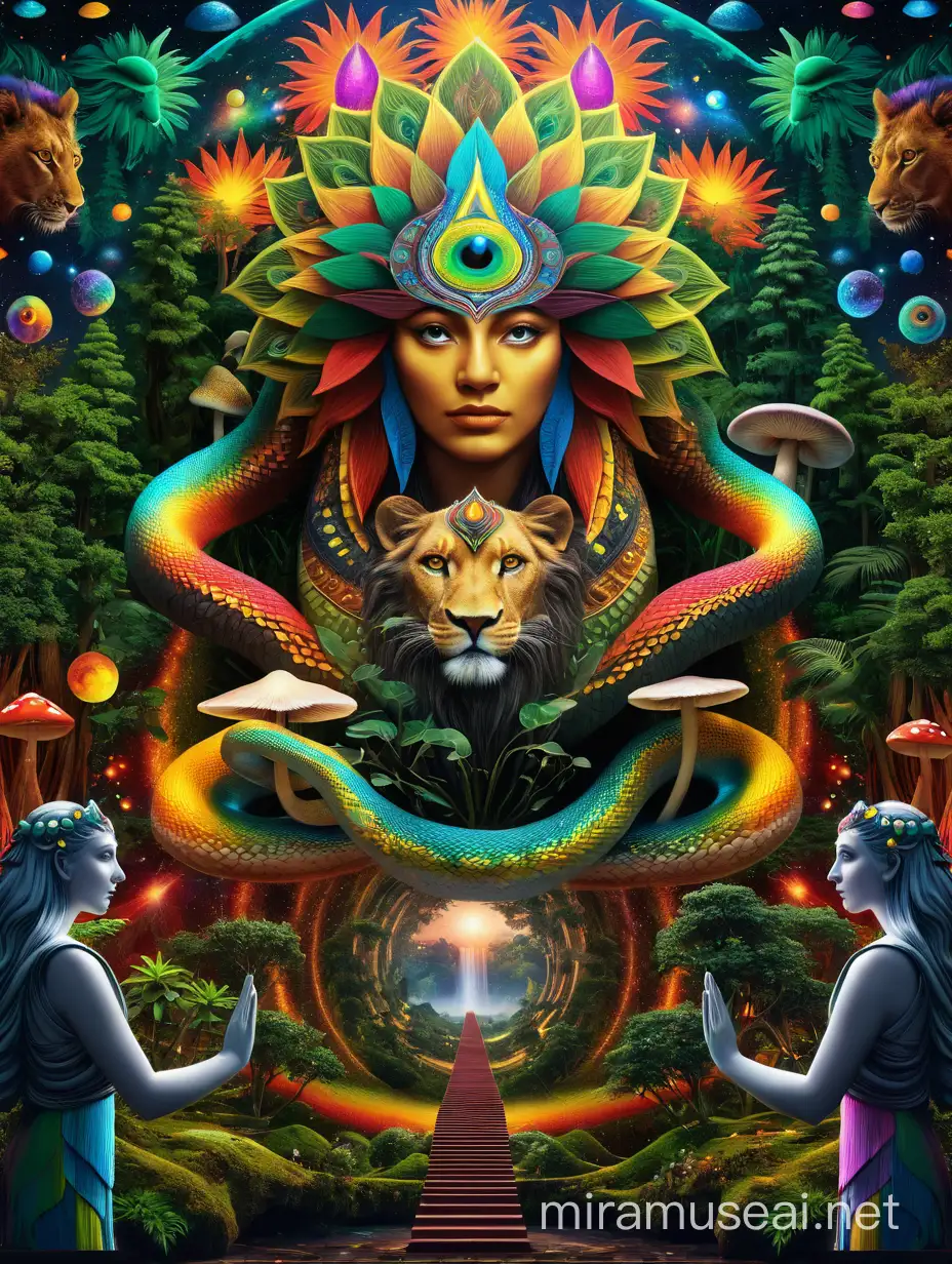 3d hyper realistic blue green yellow red Psychedelic dmt reunion world lion snake forest tress moutions mushrooms with creatures small lady Gaia face mandala geometry shapes bricks floor galaxy black hol river eye merged hyper engine