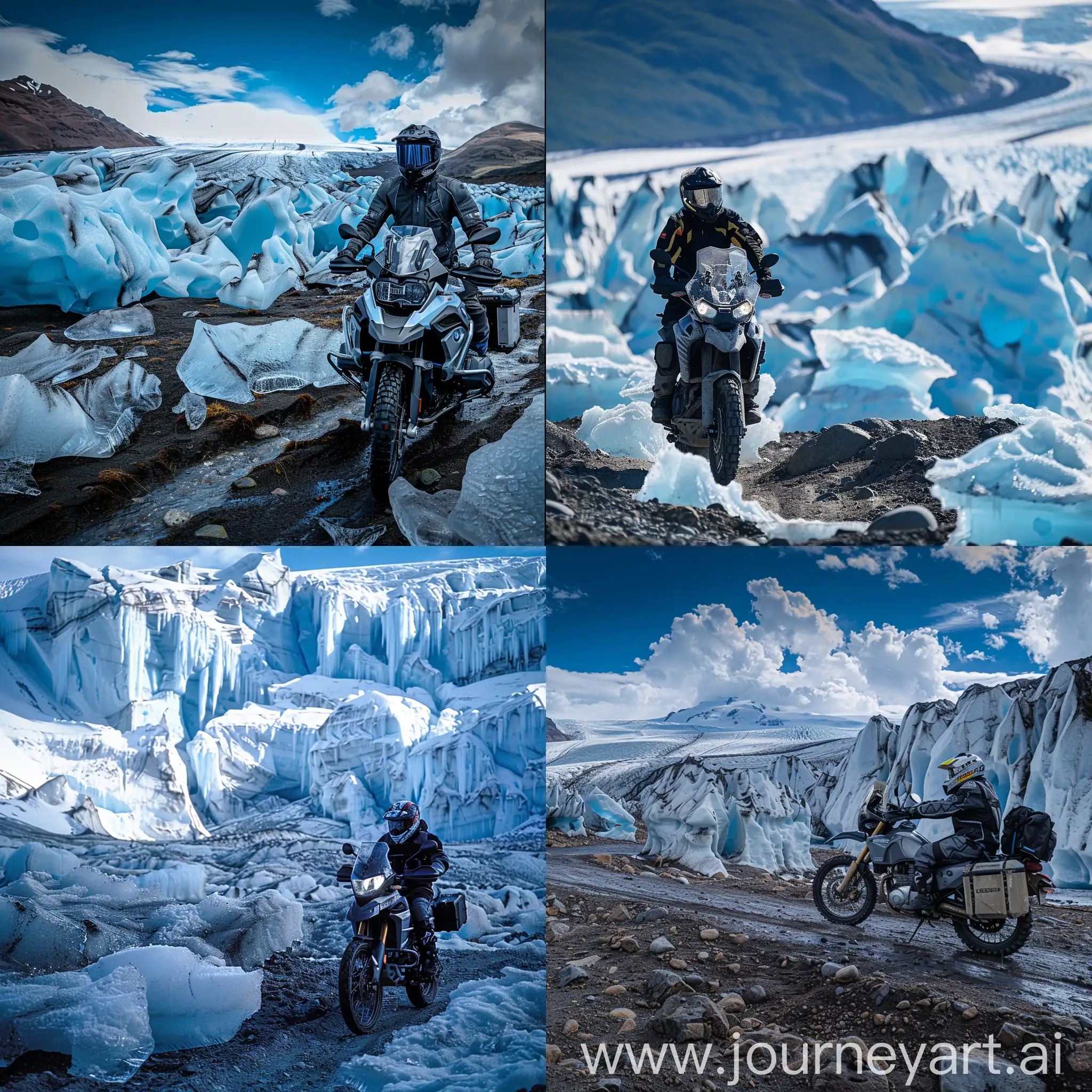 Motorcyclist-Riding-on-Rugged-Ice-Penitentes-Terrain
