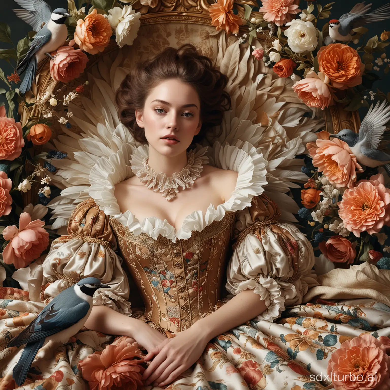 Surreal-Renaissance-Style-Portrait-with-Oversized-Flowers-and-Birds