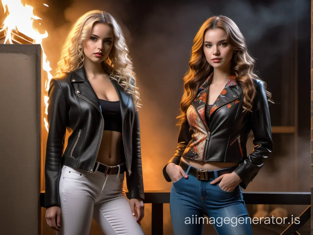 Two women are standing together; ((blonde long curly hair, shy quiet,dressed in a classic suit) next to (brunette informal,black straight long hair,dressed in a leather jacket,printed blouse,jeans)); background airbrushing fire and ice; Greg Rutkowski|Brian Bolland; (epic,epic detail,masterpiece,best quality,photorealistic,ultra-high precision; femme fatale; full body, dramatic, extreme composition)