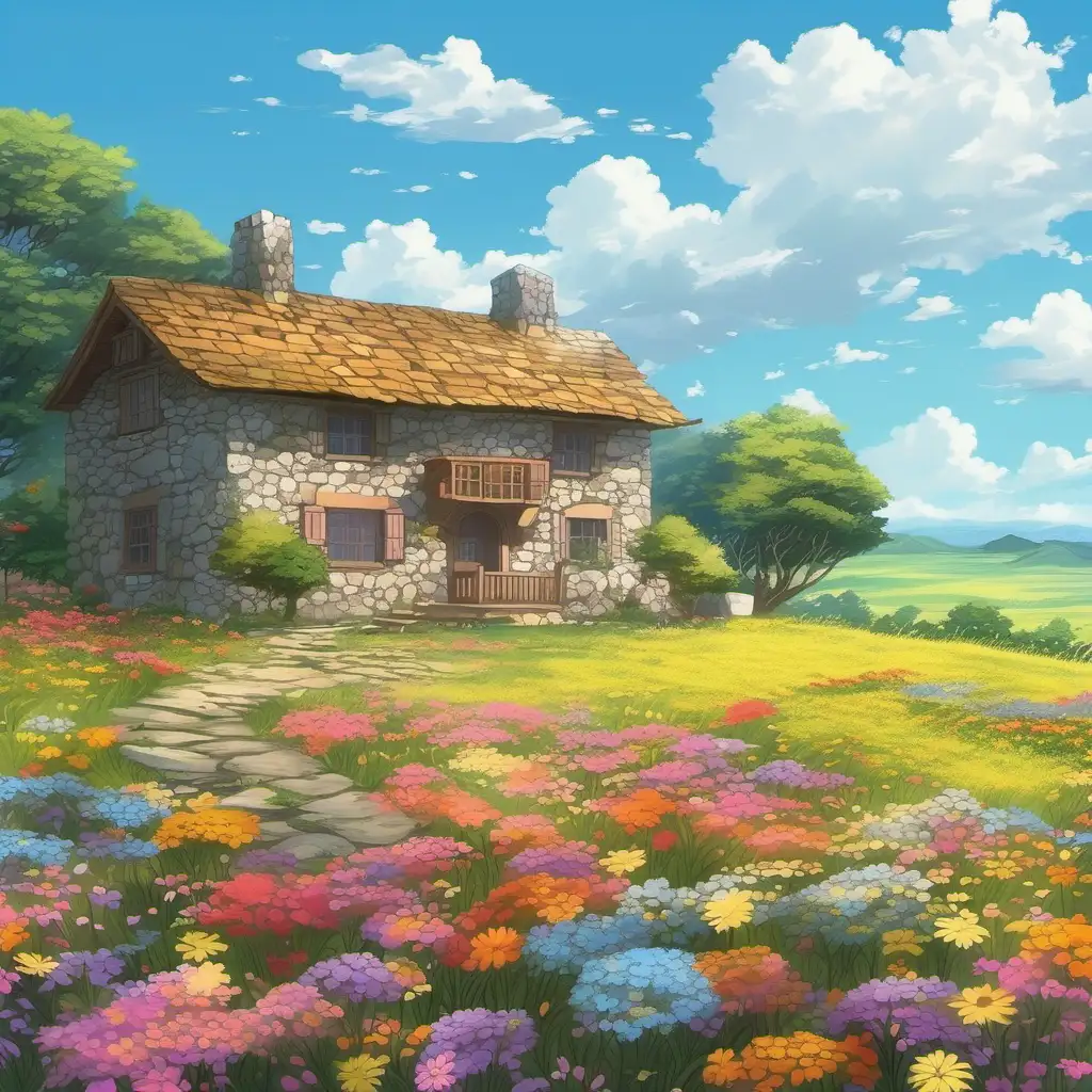 enchanting Stone house  in the golden meadow with colorful flowers, beautiful sky and cloud, best quality, masterpiece, pastel color, anime. --niji 