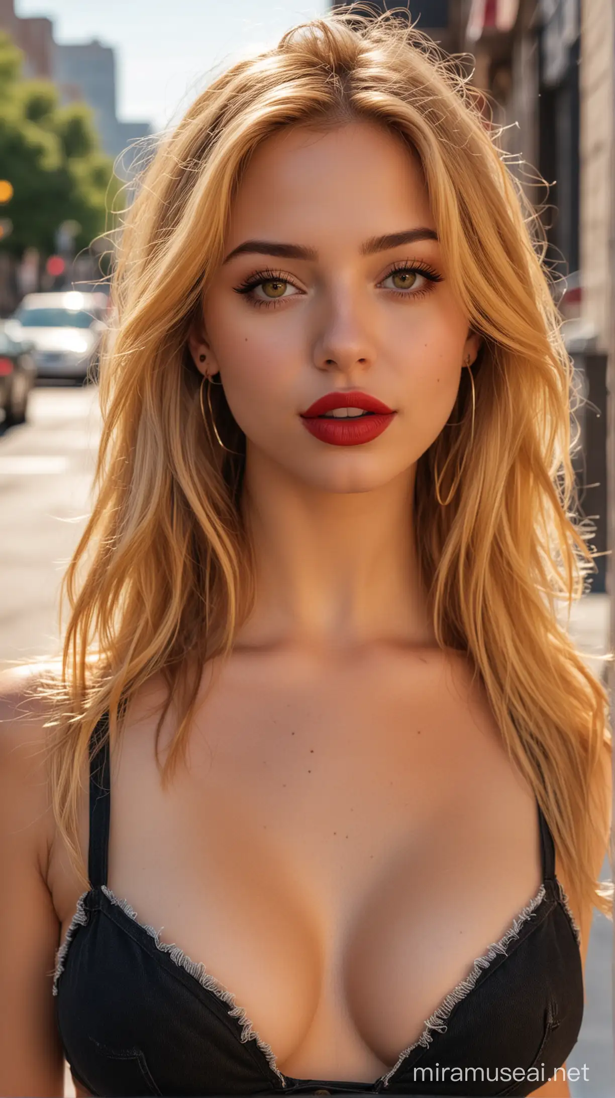 4k Ai art front view beautiful USA girl golden hair red lipstick nose ring ear tops brown jeans and black yellow and red bra in USA public street