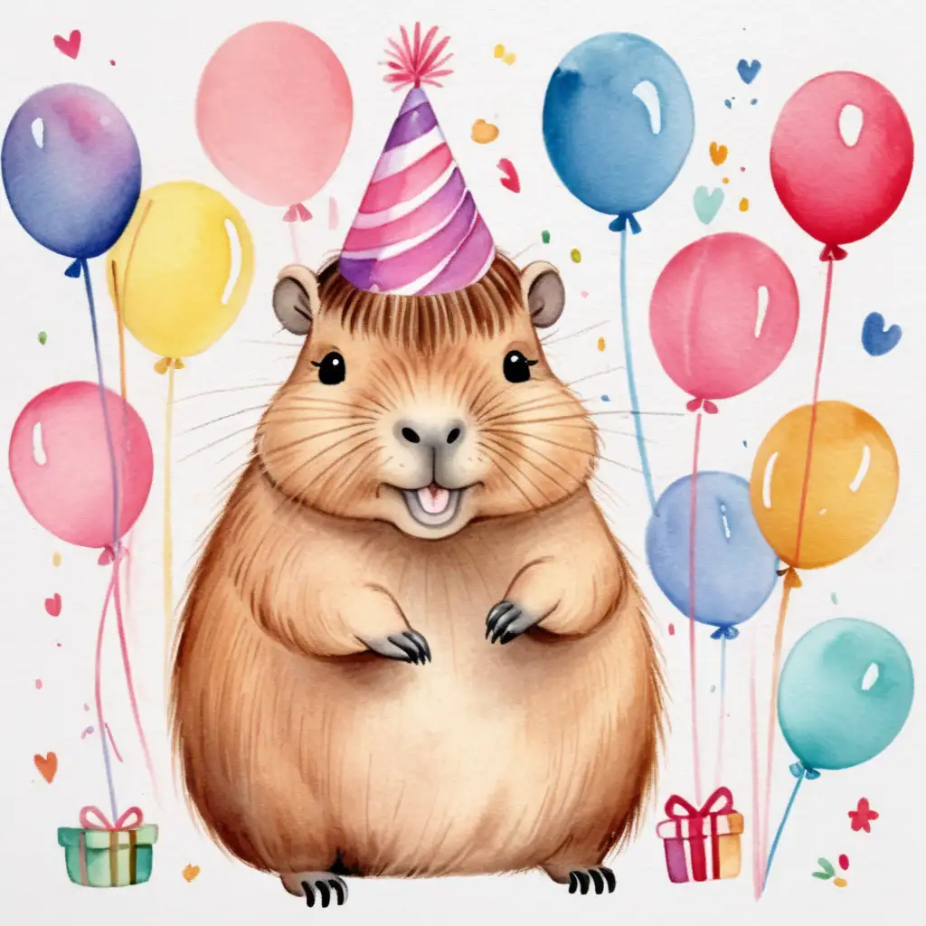 Adorable Cartoon Capybara Celebrates in Watercolor Style for a Birthday Bash