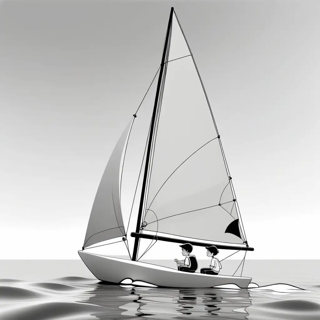 black and white, [closeup of teens sailing a sailboat on calm ocean], simple, white background, cartoon like