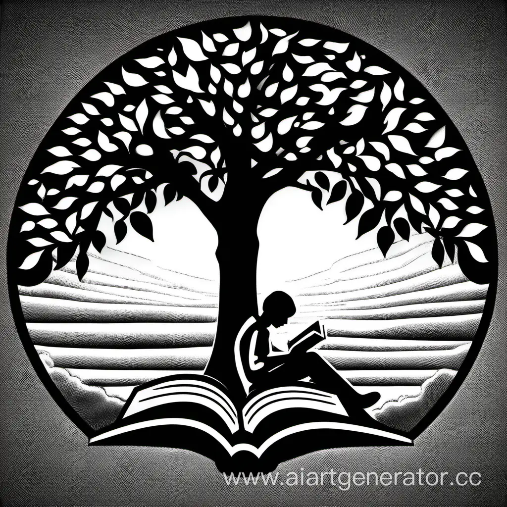 Эмблема человек читает книгу под деревом, вид издали, черно белый цвет