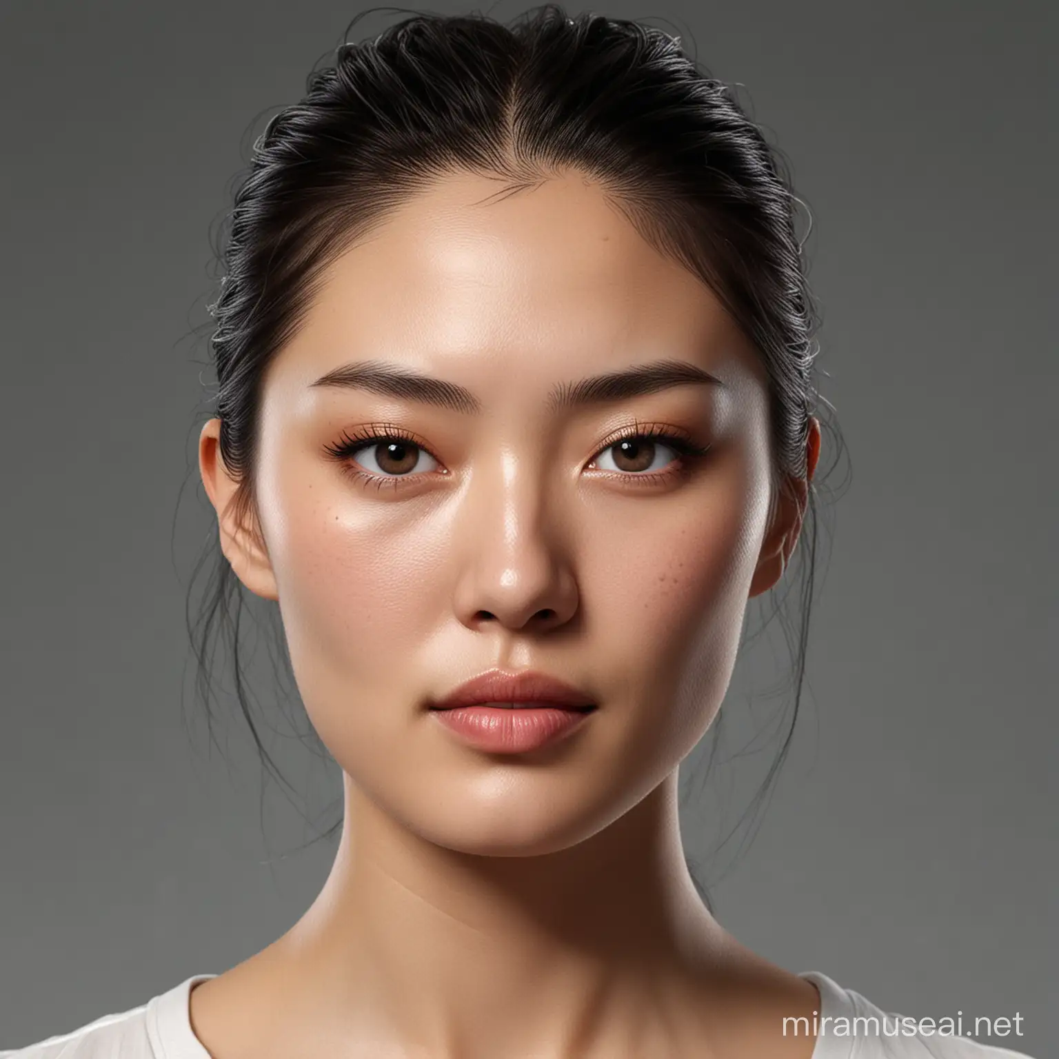 Liu Wen, asian female face, woman, keep face natural looking, hair tied up, no hair on forehead, add minimal shadows, realism, photo realistic, dynamic pose, detailed textures, high quality, high resolution, high precision, realism, color correction, proper lighting settings, harmonious composition, behance work, sharp focus, low angle, trending on artstation, sharp focus, studio photo, intricate details, highly detailed