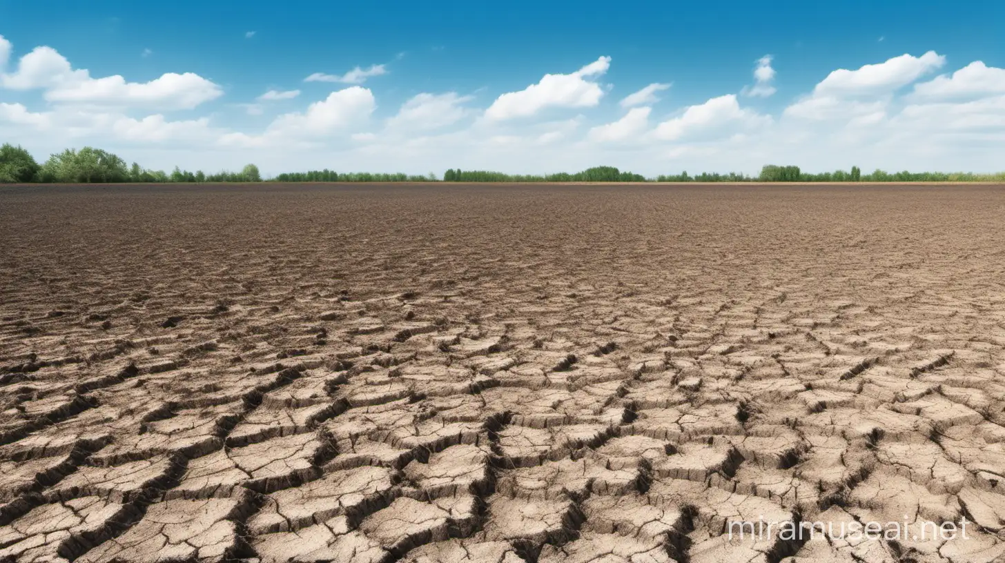 Dry empty field with blue sky in summer The soil is slightly cracked