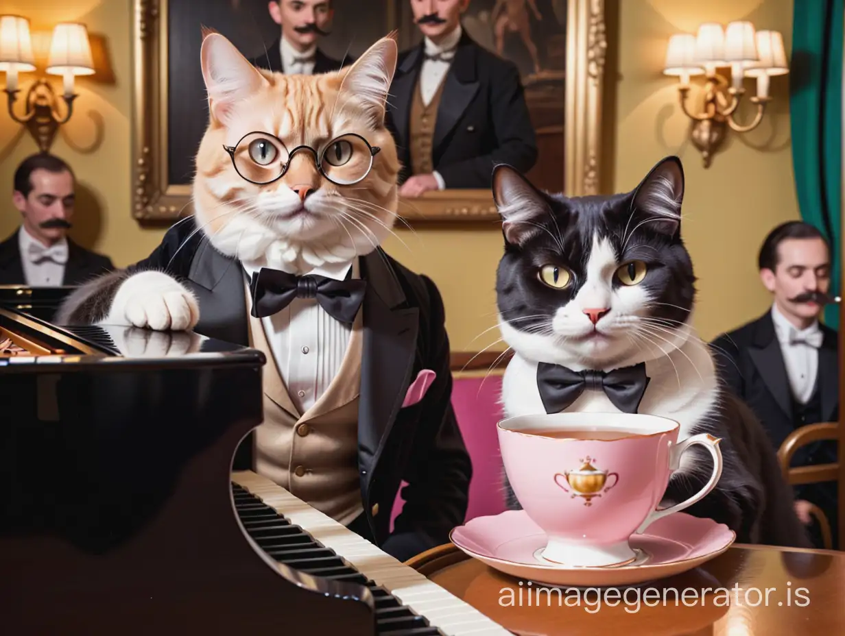 a cat with a moustache and a monocle, sitting on a pianist’s lap, drinking out of a tea cup with it’s pinky is up. Jazz dancers in the background