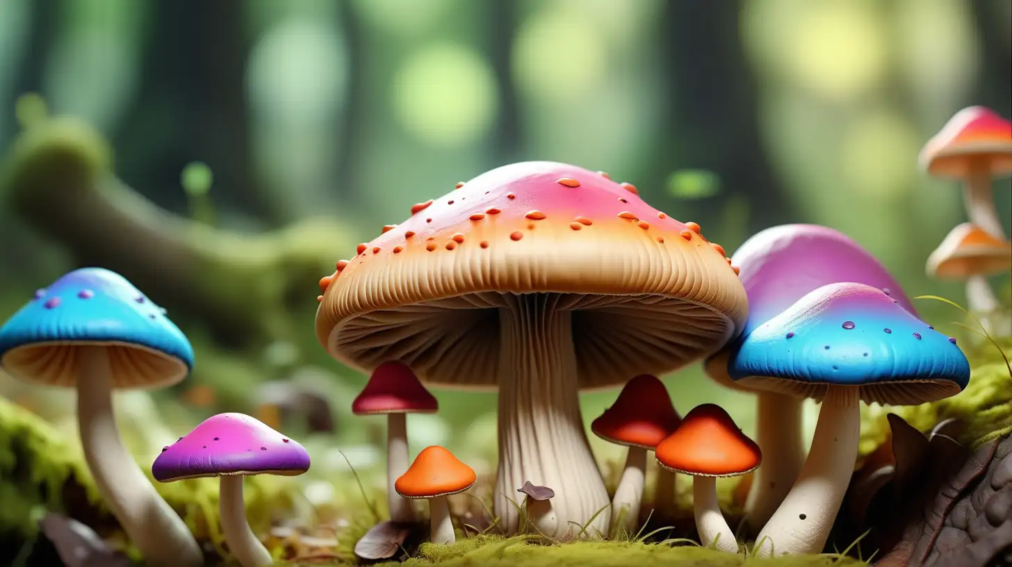 create an image of a very colorful mushroom with a soft-focus natural background and natural lighting, ultra-fine detail, digital render, high definition, high quality, 16k resolution. Make the image in landscape mode.