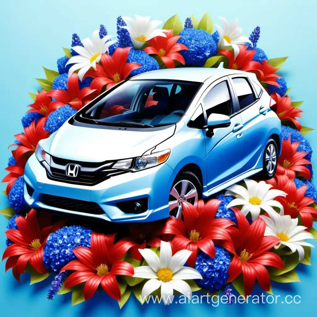 Honda-Fit-Car-on-Spring-Background-Surrounded-by-White-Blue-and-Red-Flowers