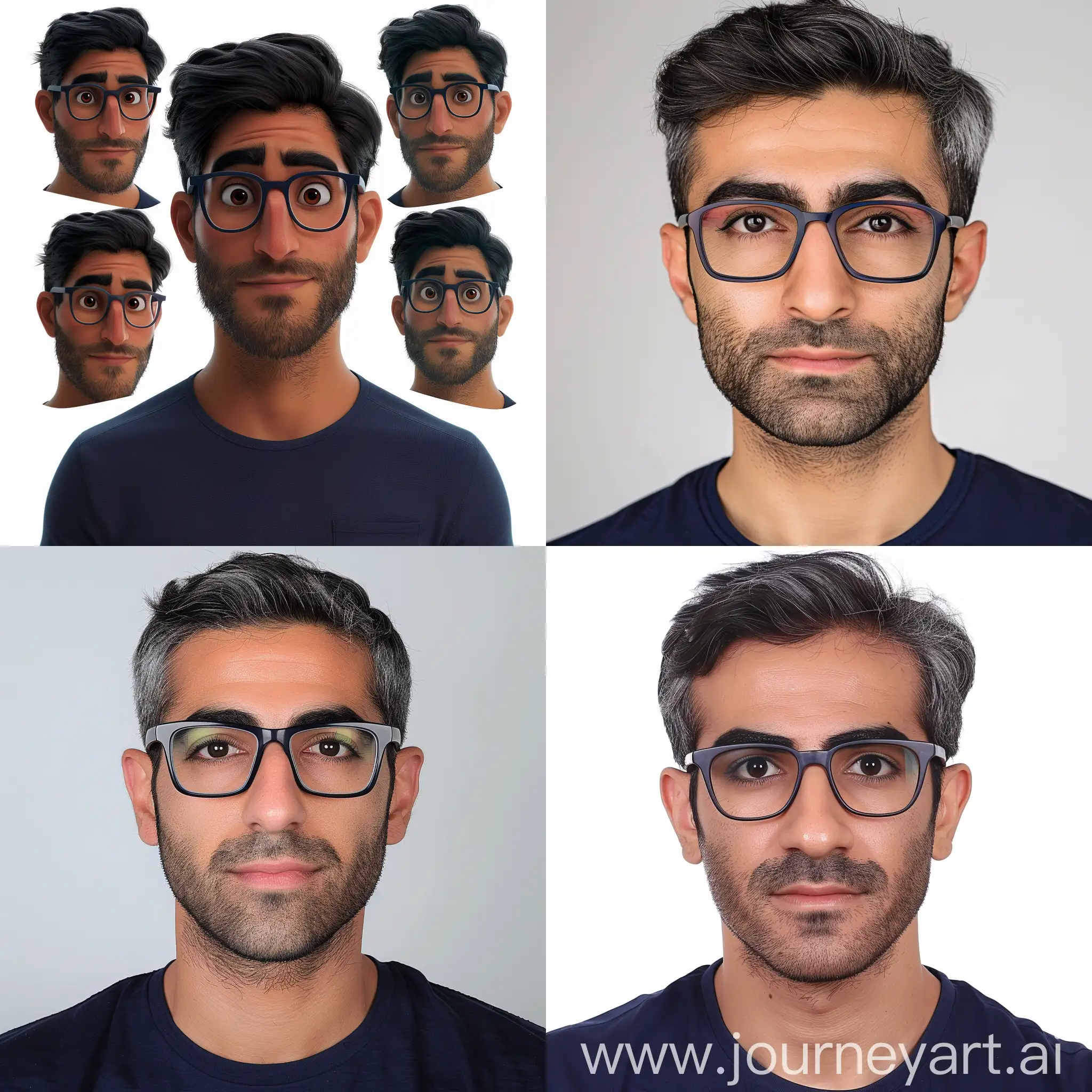 Disney pixar 5 styles of a 25 years old iranian man with Straight short dark hair, wearing rectangular frame glasses, wearing a navy blue shirt , front facing, black eyes, with stubble beard, looking straight into the camera, with small smile facial expression, charechter sheet, white background