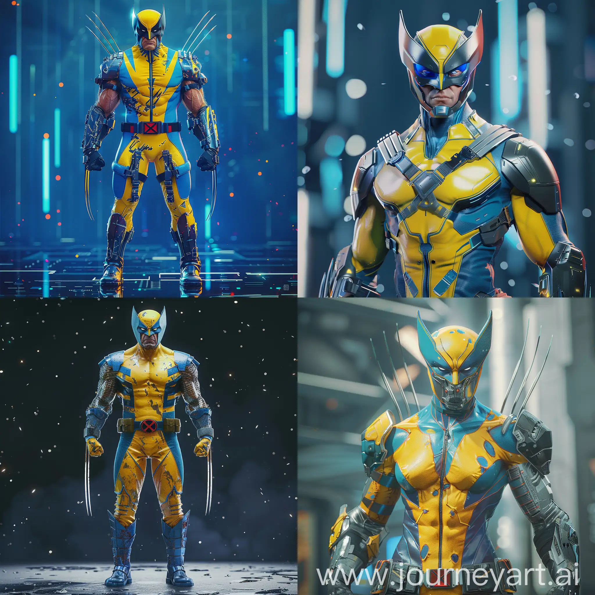 Cyberpunk-Wolverine-Futuristic-Rendition-in-Yellow-and-Blue-Cyberpunk-Attire