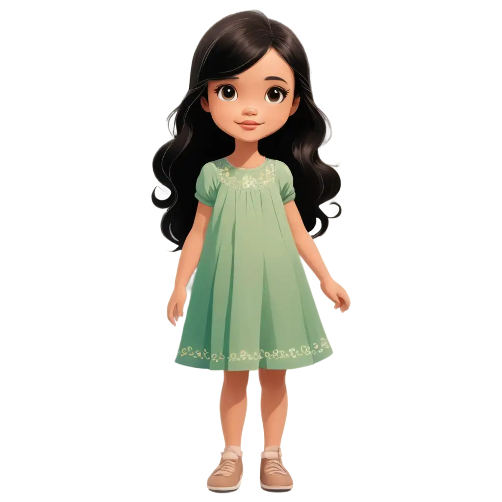 beautiful little girl with black hair and light brown eyes, light skin, innocent looking, wearing a dress and no shoes, her dress looks like from 70"s. The style of the drawing is cartoon.