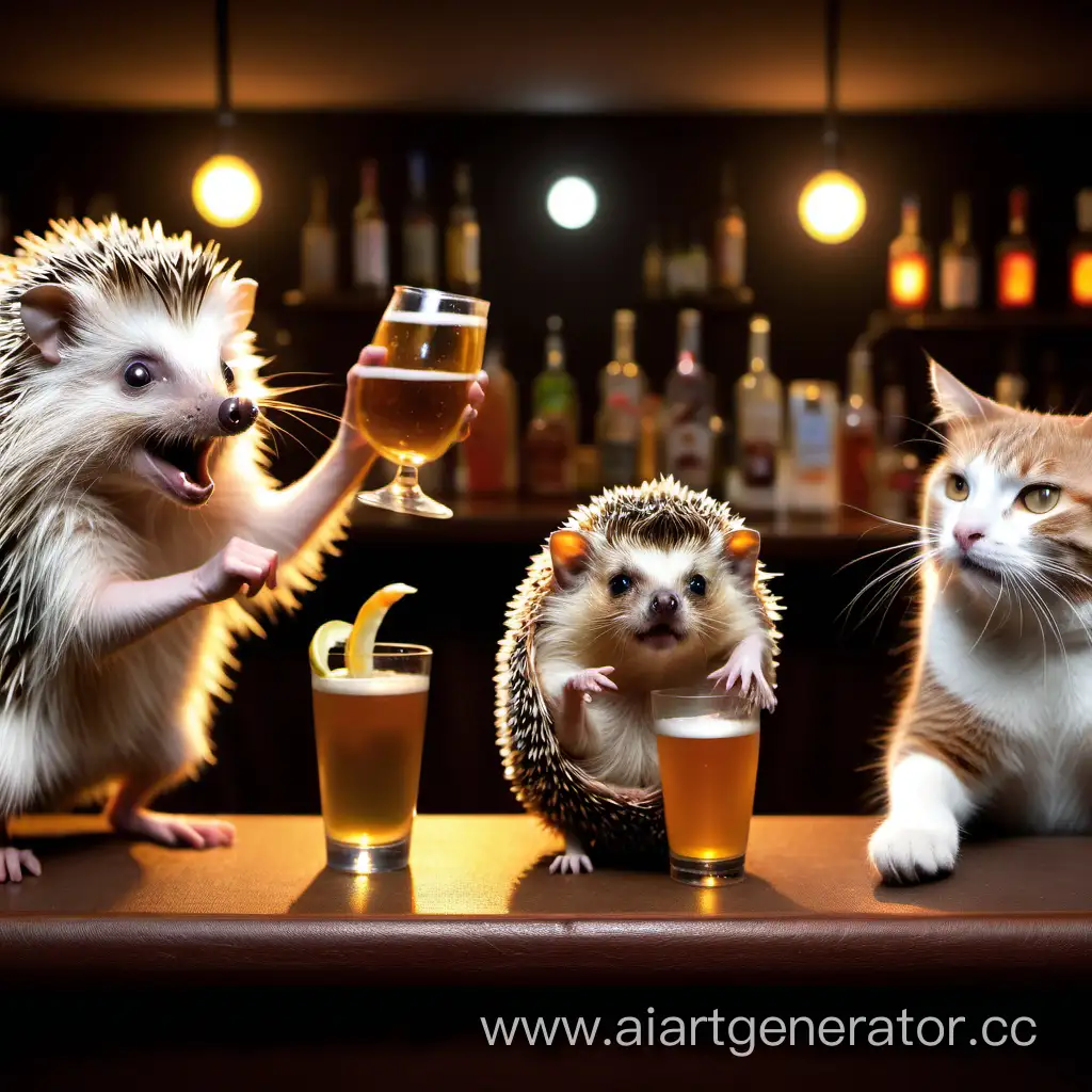 a hedgehog, a cat and other animals having fun in a bar