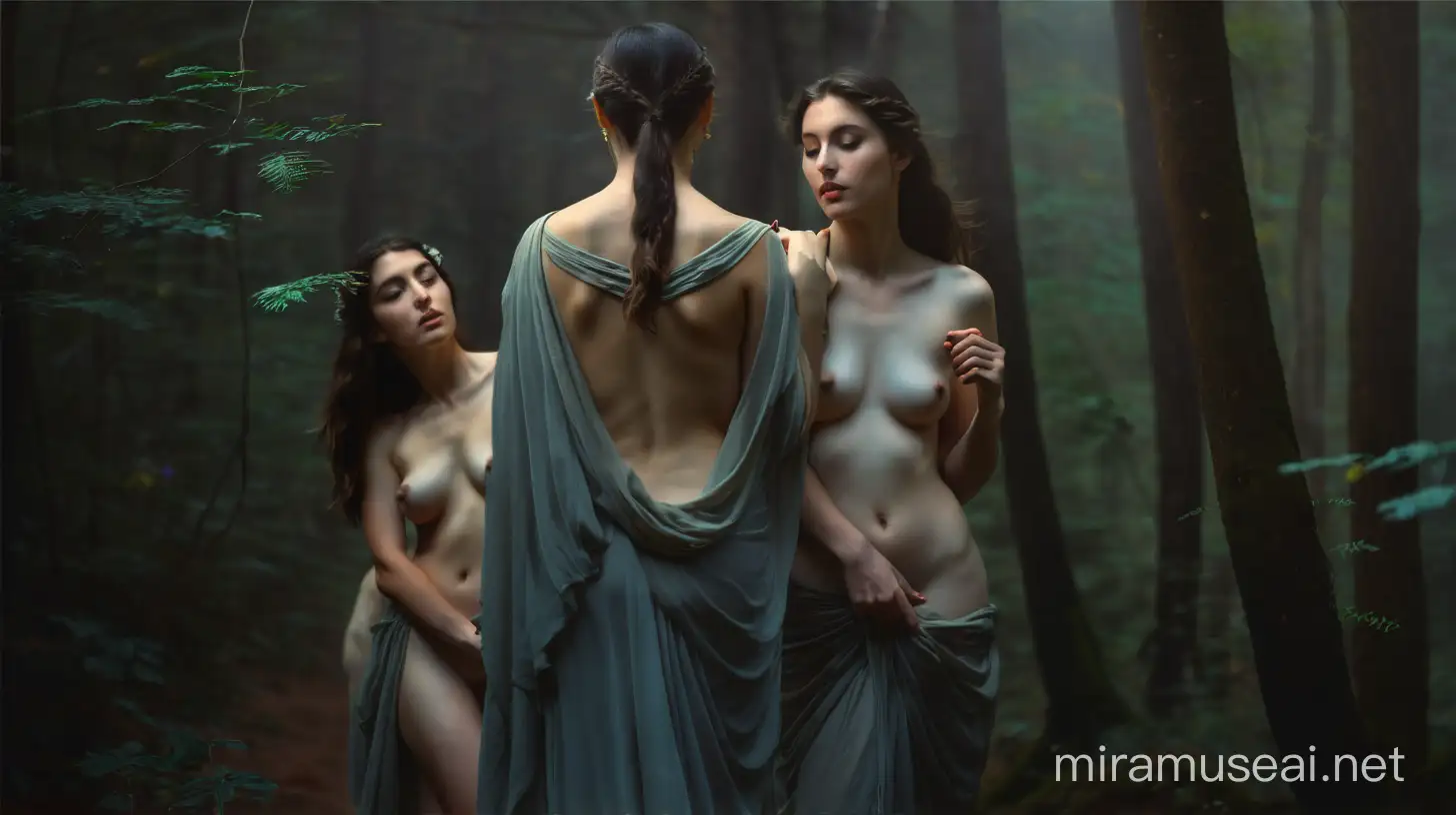 three muses nude naked in  mystic forest at dusk.....Bouguereau..