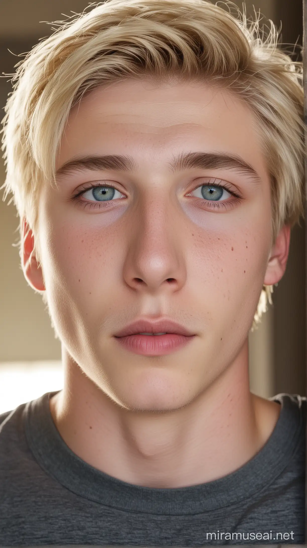 chico de 18 años tono de piel blanco con color cabello rubio y ojos azules oscuros