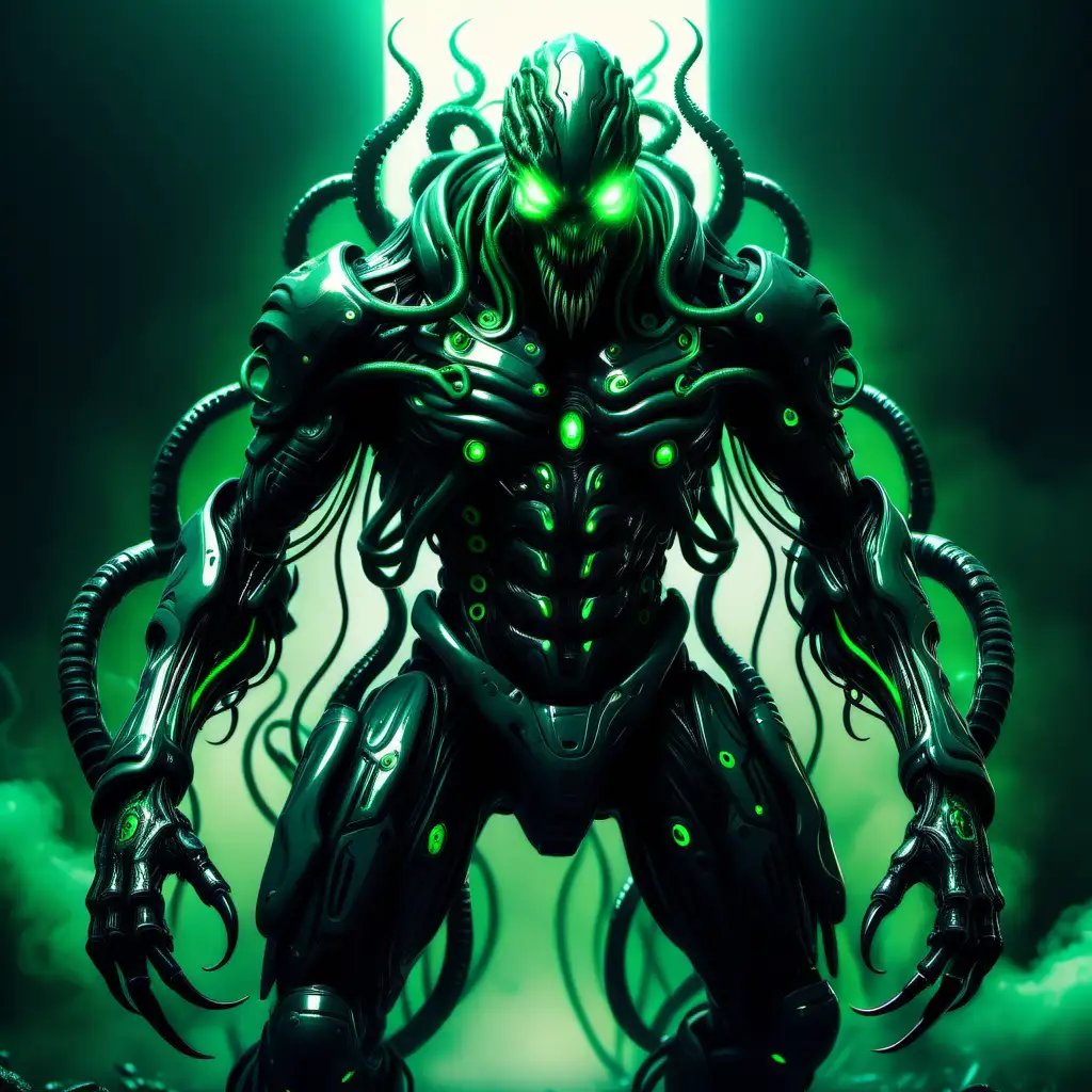 Huge humanoid monster in futuristic black armor and covered with hissing green glowing tentacles, cyberpunk style
