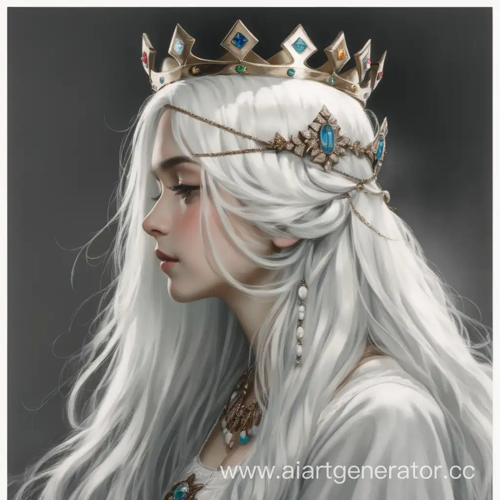 женщина с длинными белыми волосами с короной на голове в полуанфас