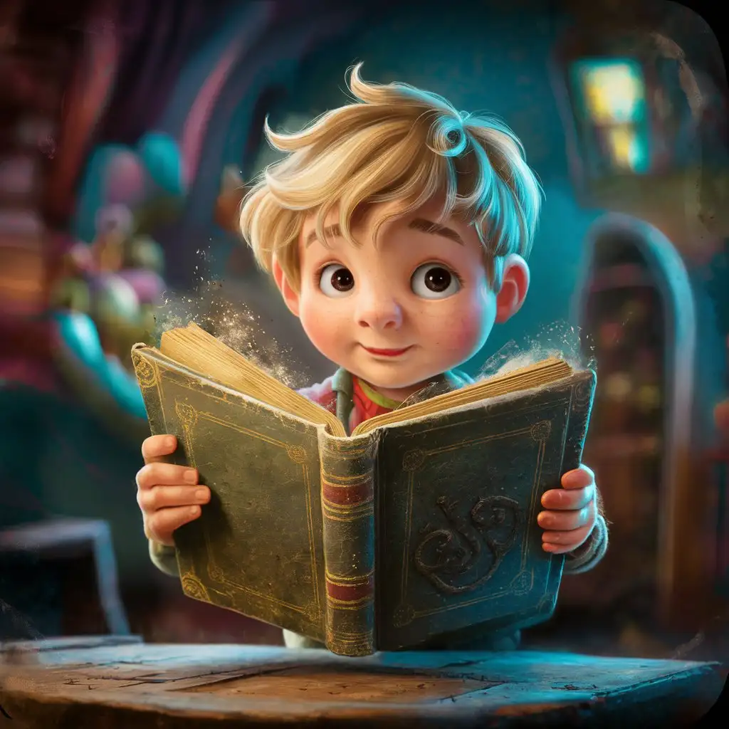 Изображение белобрысого мальчика, держащего старую пыльную книгу на тускло освещенном. мультяшная иллюстрация для детской книги