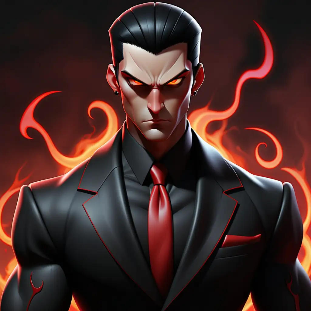 Luc Devilish Figure in Black Suit with Crimson Accents and Scars