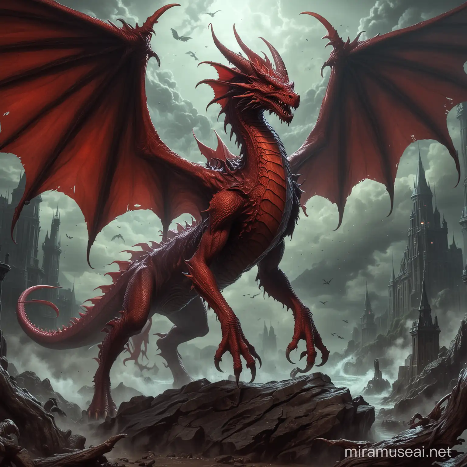 red dragon, four legs, wings, lovecraftian, eldritch, demonic, anime