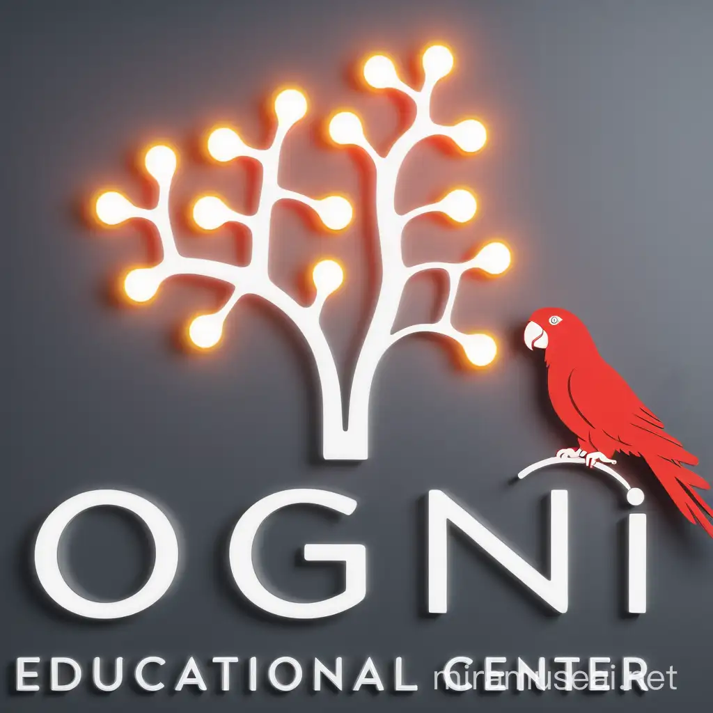 Максимально четкое изображение с высоким разрешением, логотип образовательного центра ОГНИ со светящимися нейронными связями, надпись ОГНИ на русском языке, серый фон, красный однотонный попугай с черным глазом  максимально упрощенный, просто, схематично, 