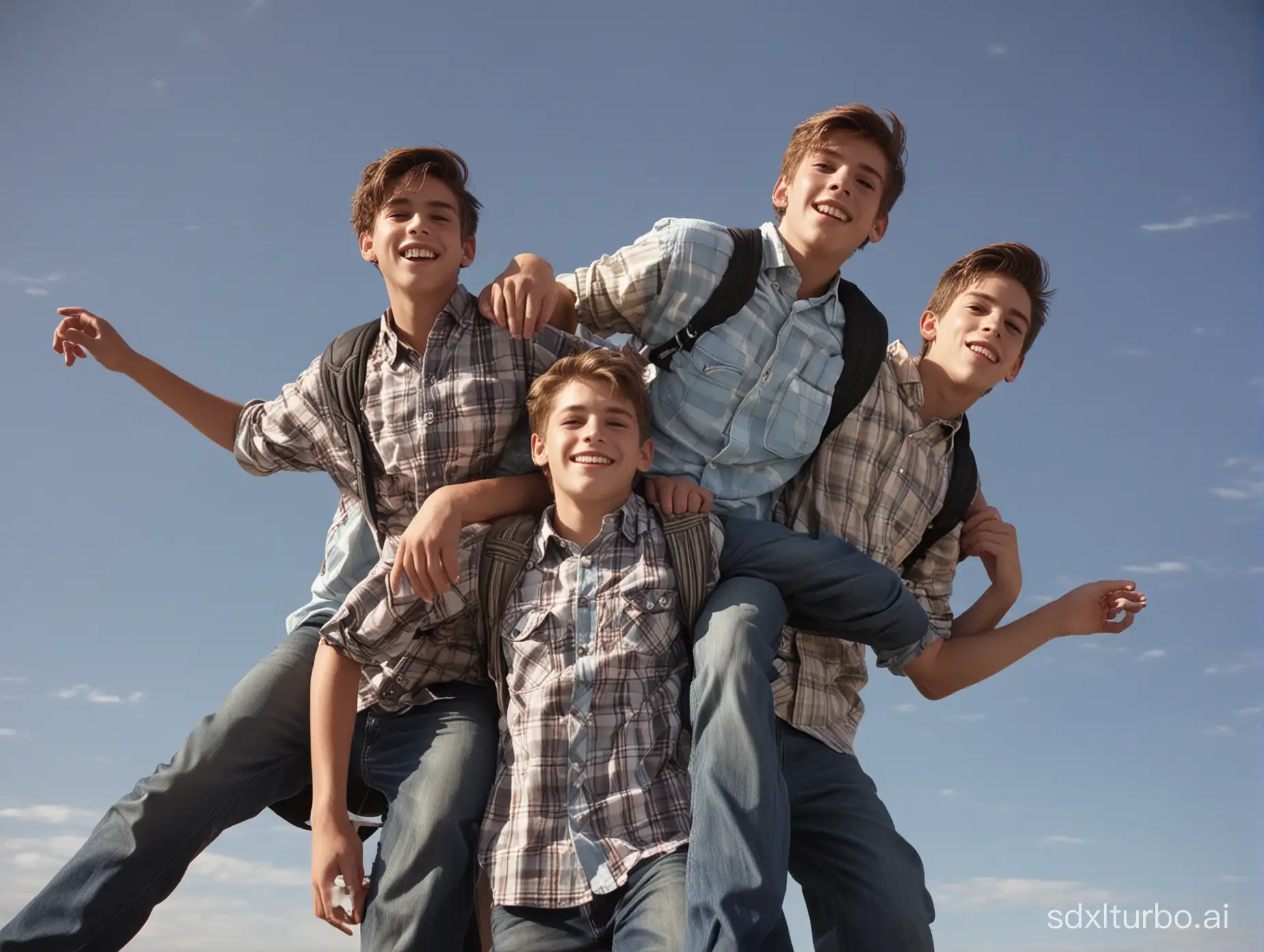 a group of teen model boys carrying each other in piggyback and riding on their shoulders, low angle shot