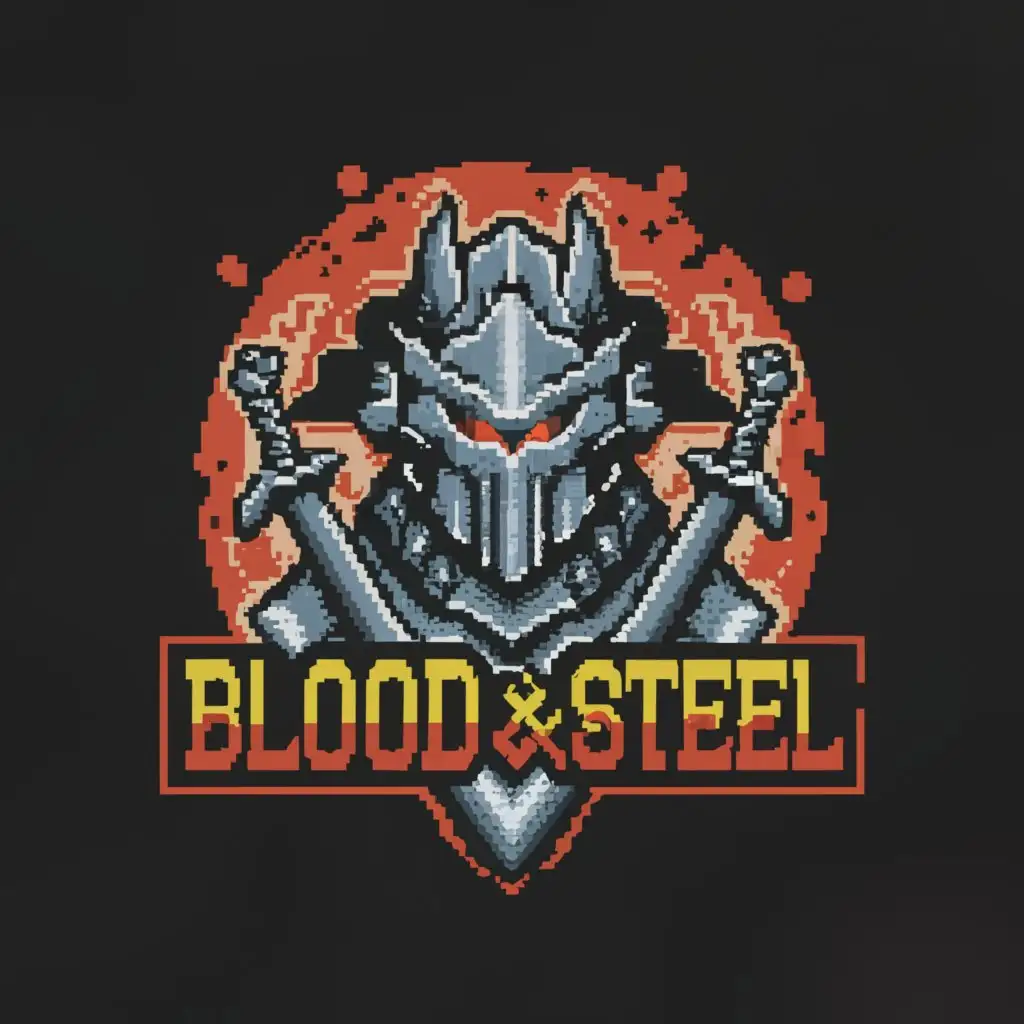 a logo design,with the text "blood and steel", main symbol:pixel art monster slayer,Moderate,clear background