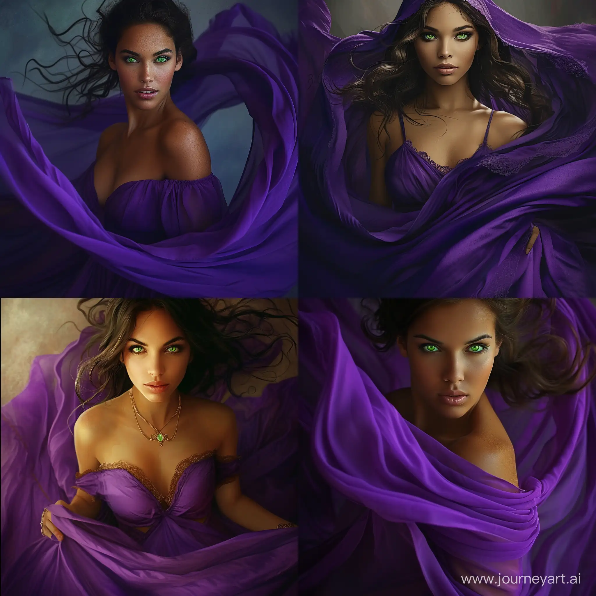 Elegant-Arab-Woman-in-Flowing-Purple-Dress-with-Striking-Green-Eyes
