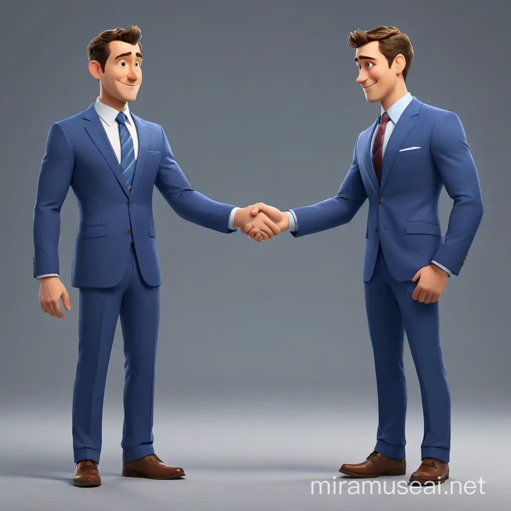 Dynamic Duo in Blue Suits Celebrating with a Warm Handshakes in a 3D PixarStyle Environment