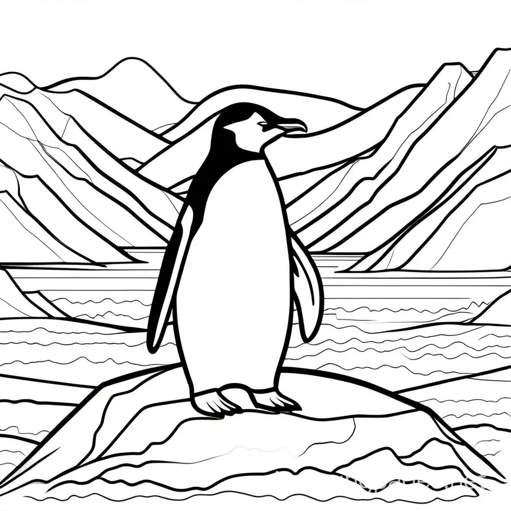 a penguin in the arctic, Coloring Page, black and white, line art, white background, Simplicity, Ample White Space. The background of the coloring page is plain white to make it easy for young children to color within the lines. The outlines of all the subjects are easy to distinguish, making it simple for kids to color without too much difficulty