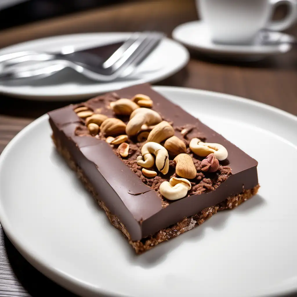 thin rectangular chocolate bar, with a dark brown bread base, four half cashews as topping over the top, placed on a white plate in a cafe