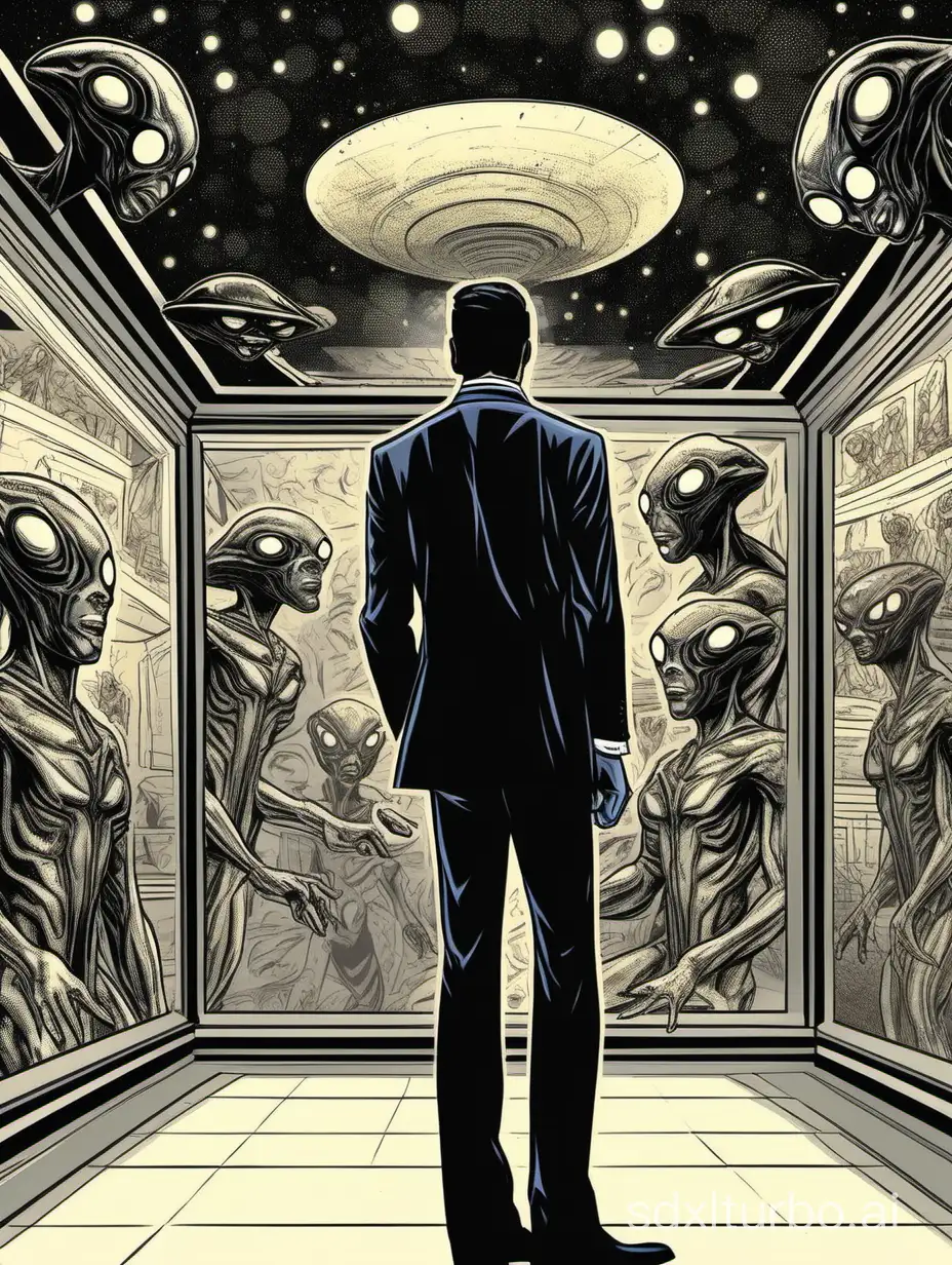 black suit man, looking a alien in a museum, with comic style