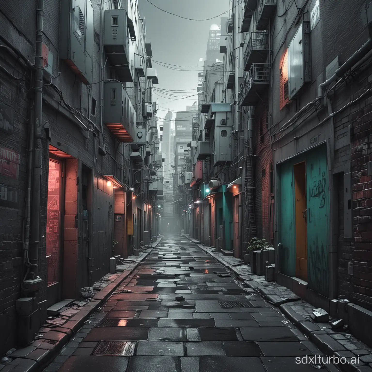 The old retro alley is gradually covered up by the Cyber-style architecture. Everyone is as small as an ant. The composition of surrealism and realism is from the top to bottom. The tone is retro gray and bright fluorescent color to form a high contrast, and the background is full of noisy streets.