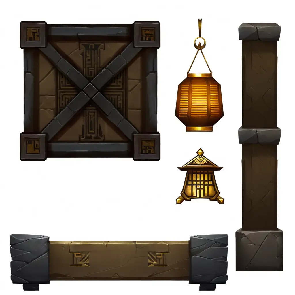 Recreate these video game props with ancient egyptian style, use video game design, digital painting, 
 