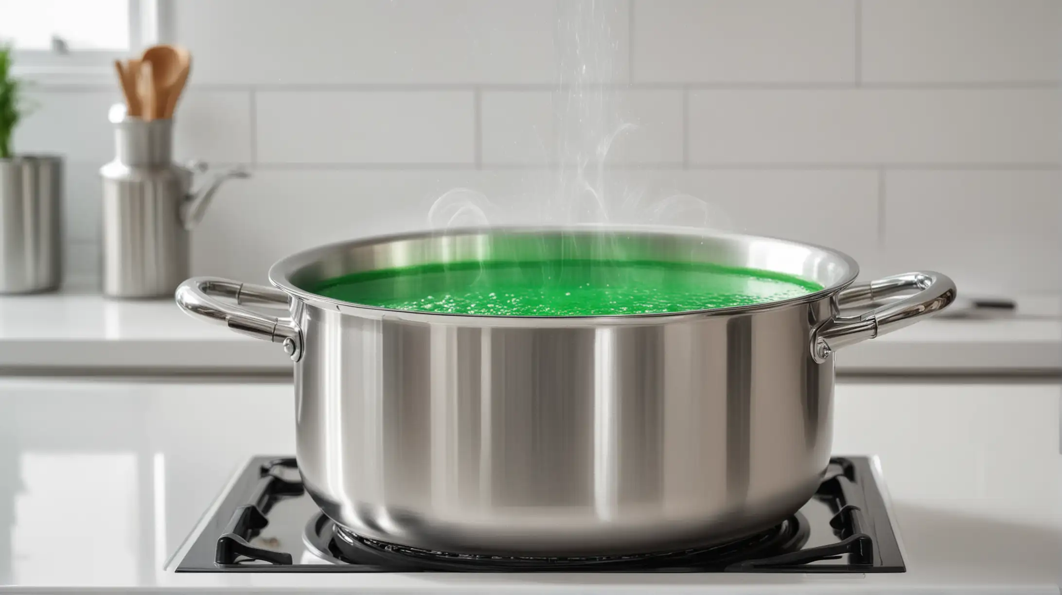 boiling pot with shiny green liquid  on clean white kitchen setting. Close up