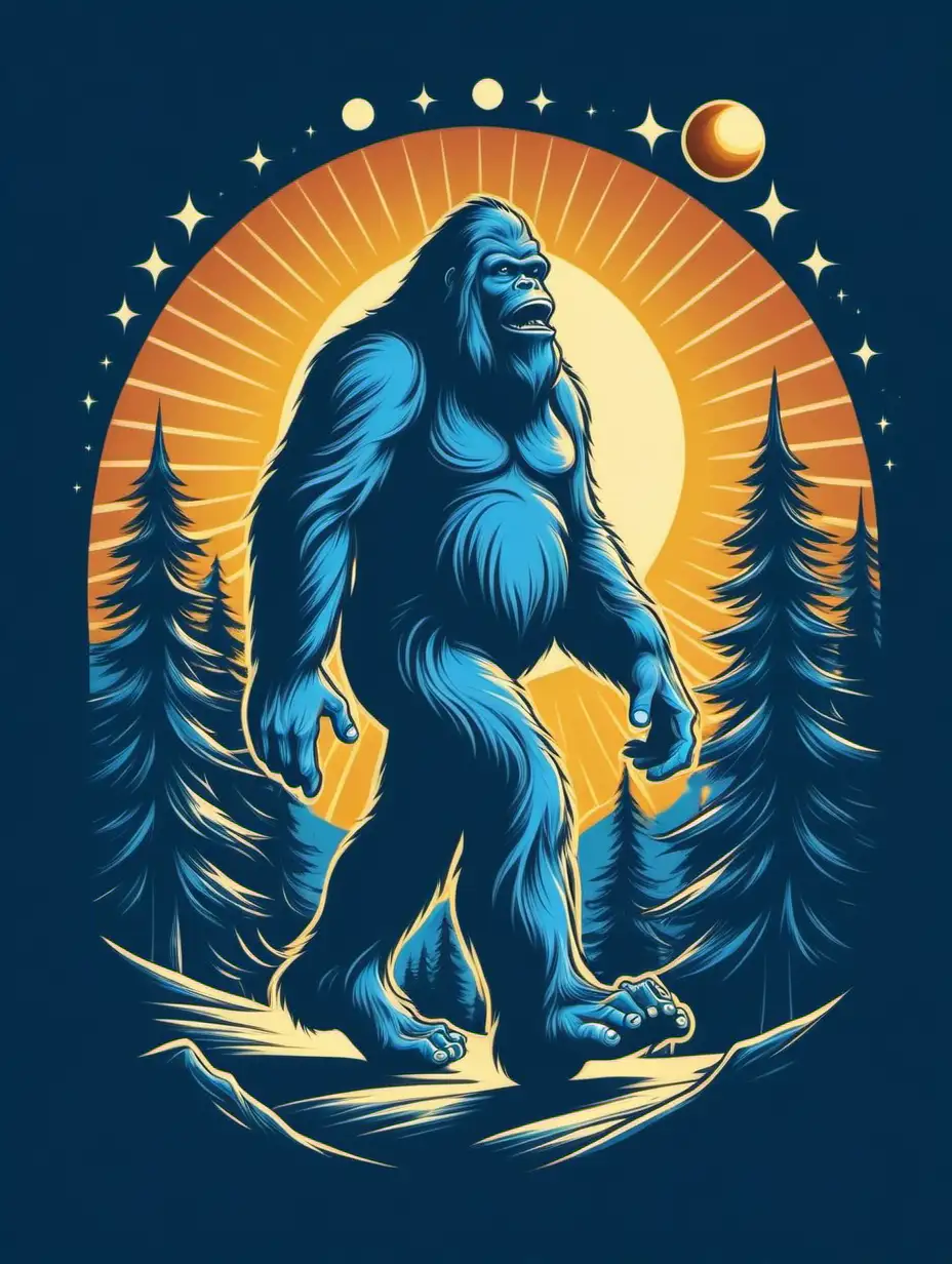 Design a retro-style illustration for T-shirt featuring a walking Bigfoot set against the backdrop of blue sky with large solar eclipse. No cropping. 