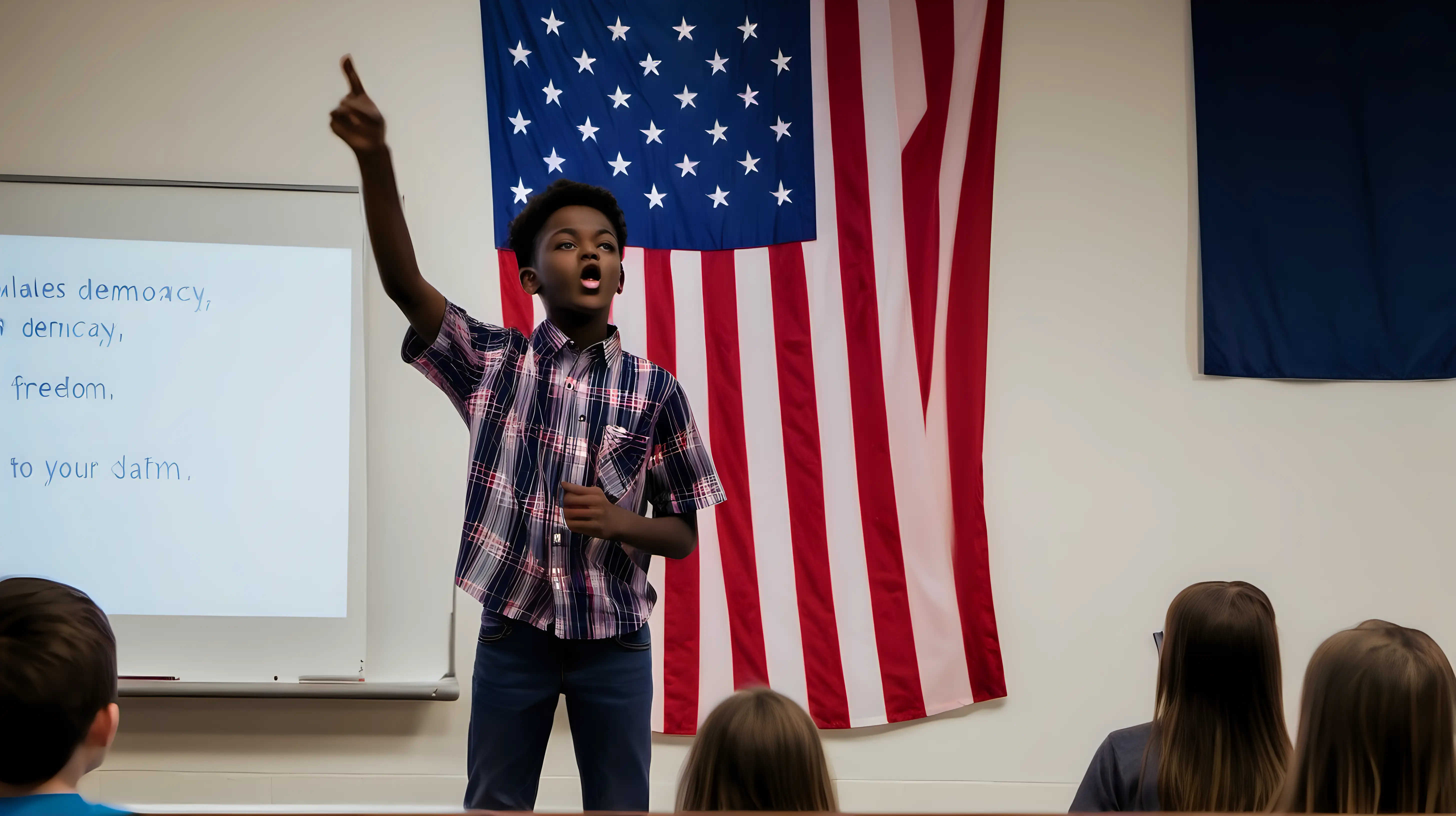 A student standing in front of an American flag, delivering a passionate speech about the values of freedom and democracy, inspiring their classmates to embrace their patriotism.
