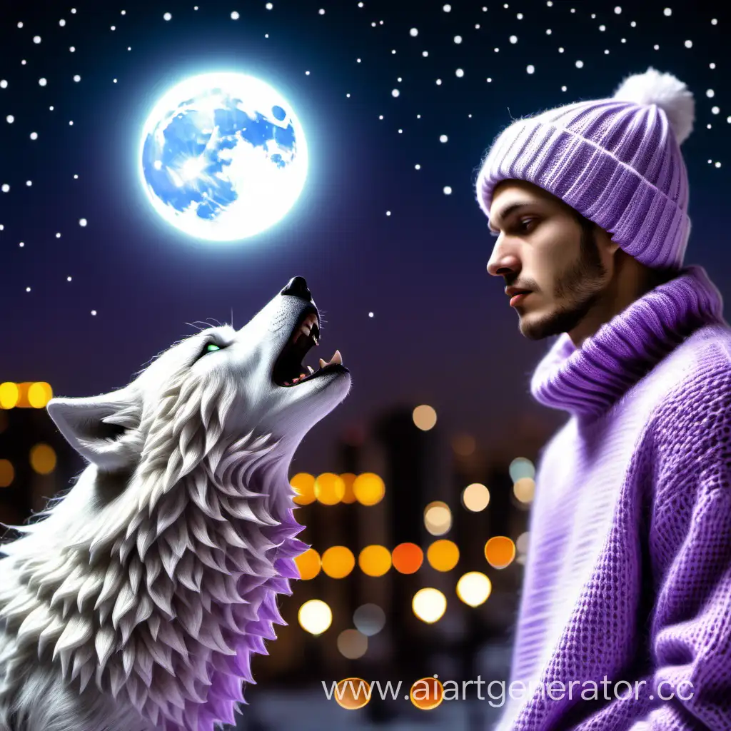 Парень в вязанном сиреневом свитере и шапке смотрит на белого волка. Город с огнями. Луна. 