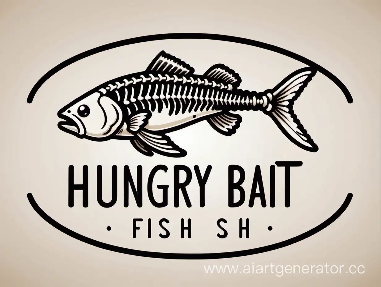 логотип с надписью hungry bait fish и изображением скелета рыбы, размер логотипа 15см длина и высота 3 см