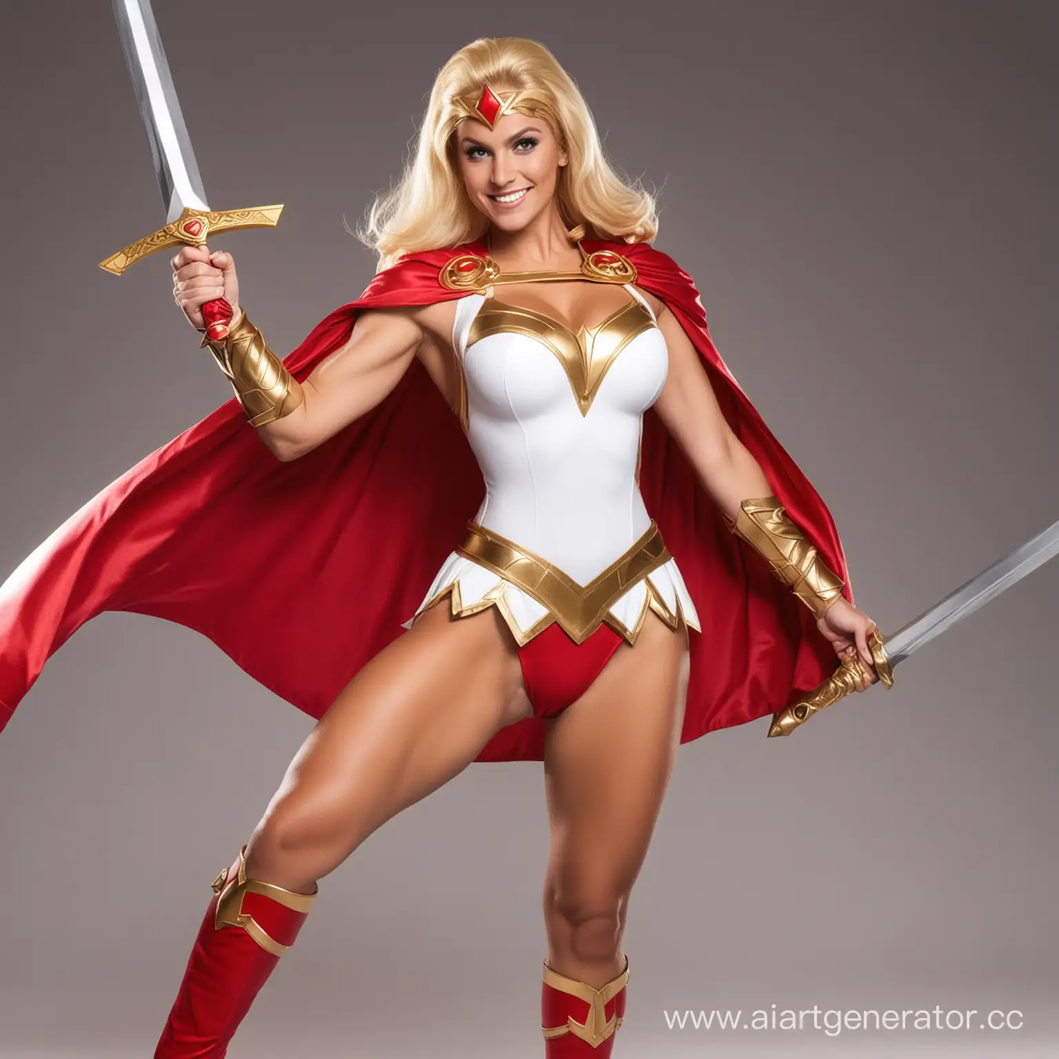 Blonde, she ra, white red and gold costume, cape, huge breasts, huge muscles, Holding a sword with both hands, milf, smile