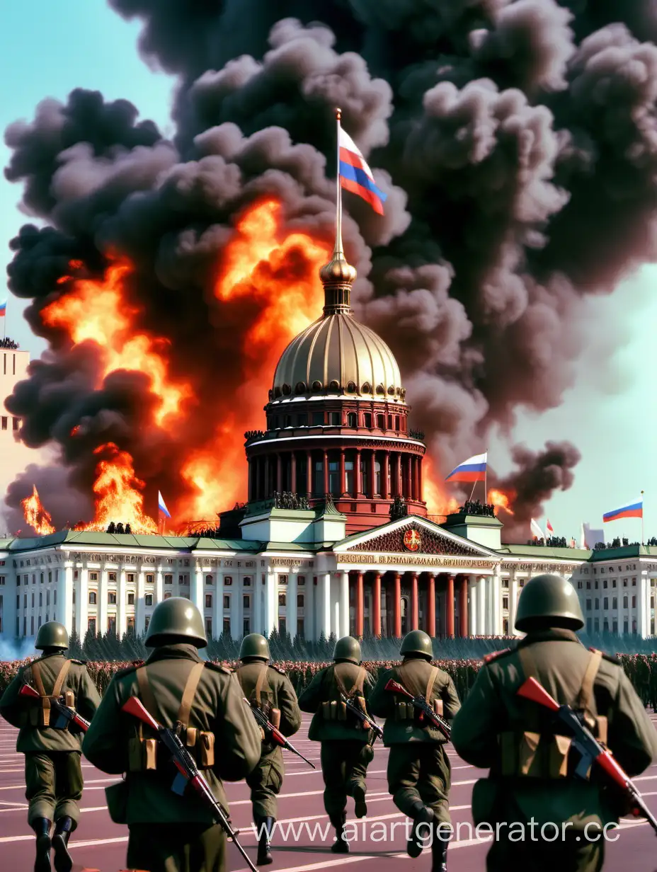 Обои для телефона, события 1993 года в России, Флаг России, небольшая группа русских солдаты, расстрел здания парламента, солдаты на первом плане, горящий парламент, 