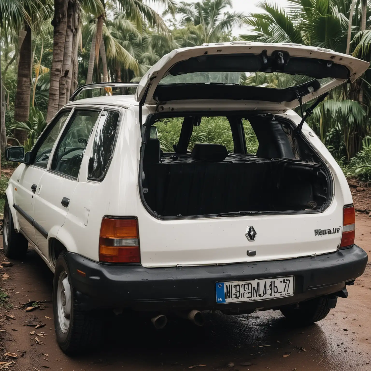 Mysterious Scene Arm Emerging from White Renault 19 Trunk in Gloomy Tropical Setting