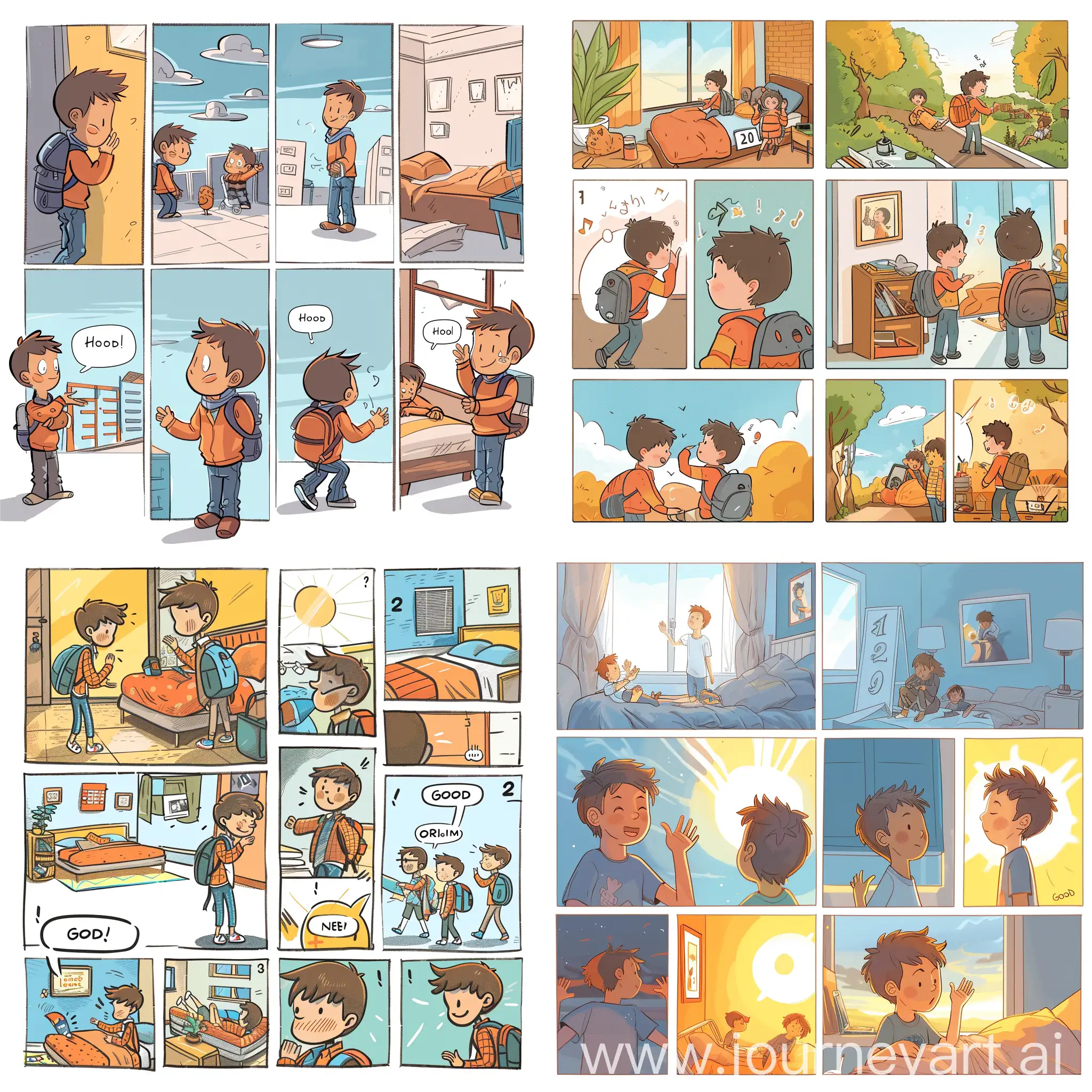  complete comic story with th e folloiwng scenes: 1. a boy waking up saying good morning 2. a boy meeting his friends at school saying hello 3. a boy leaving schools saying goodbye to his friends 4. a boy gooing to sleep saying good night