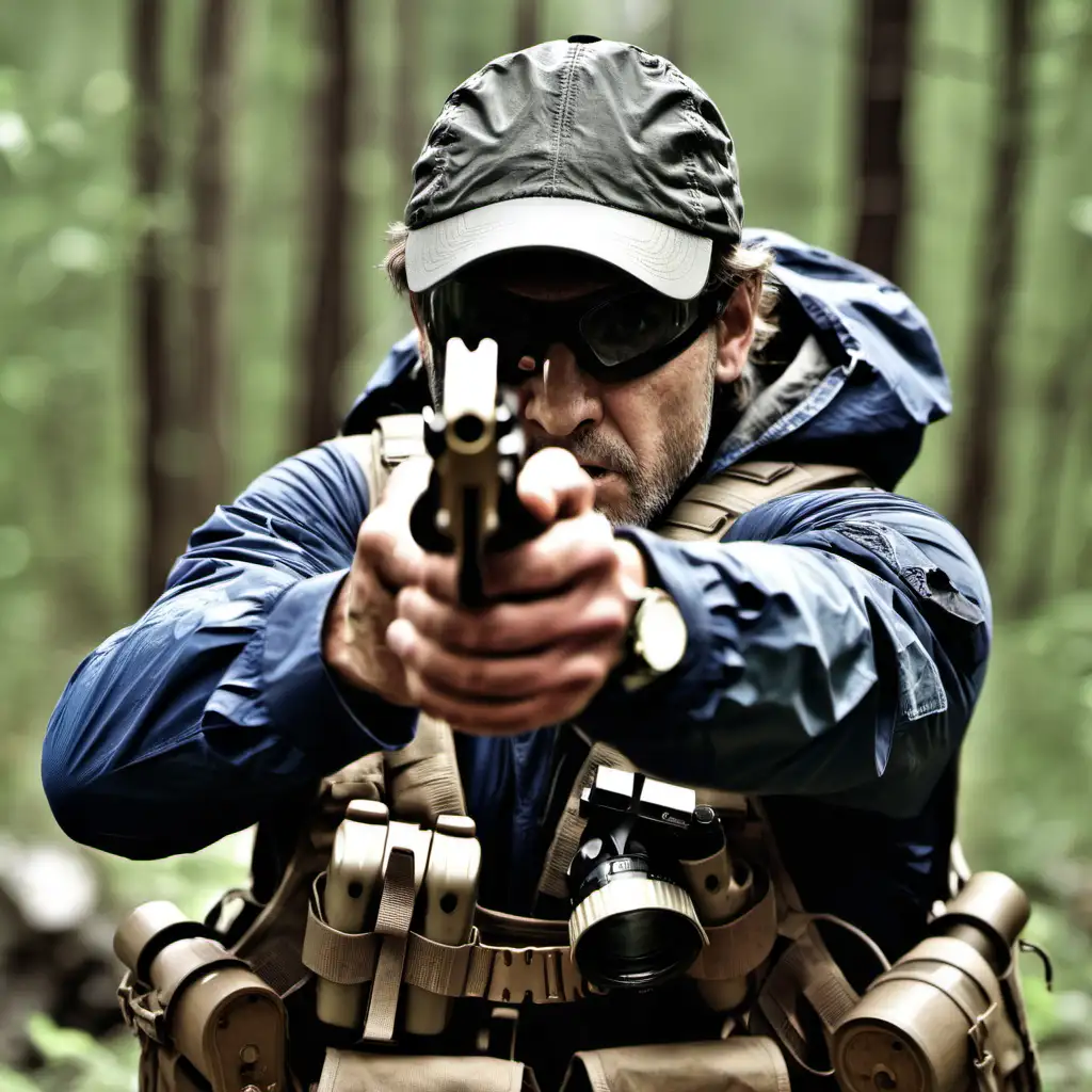 man, in survival gear, aiming gun at camera
