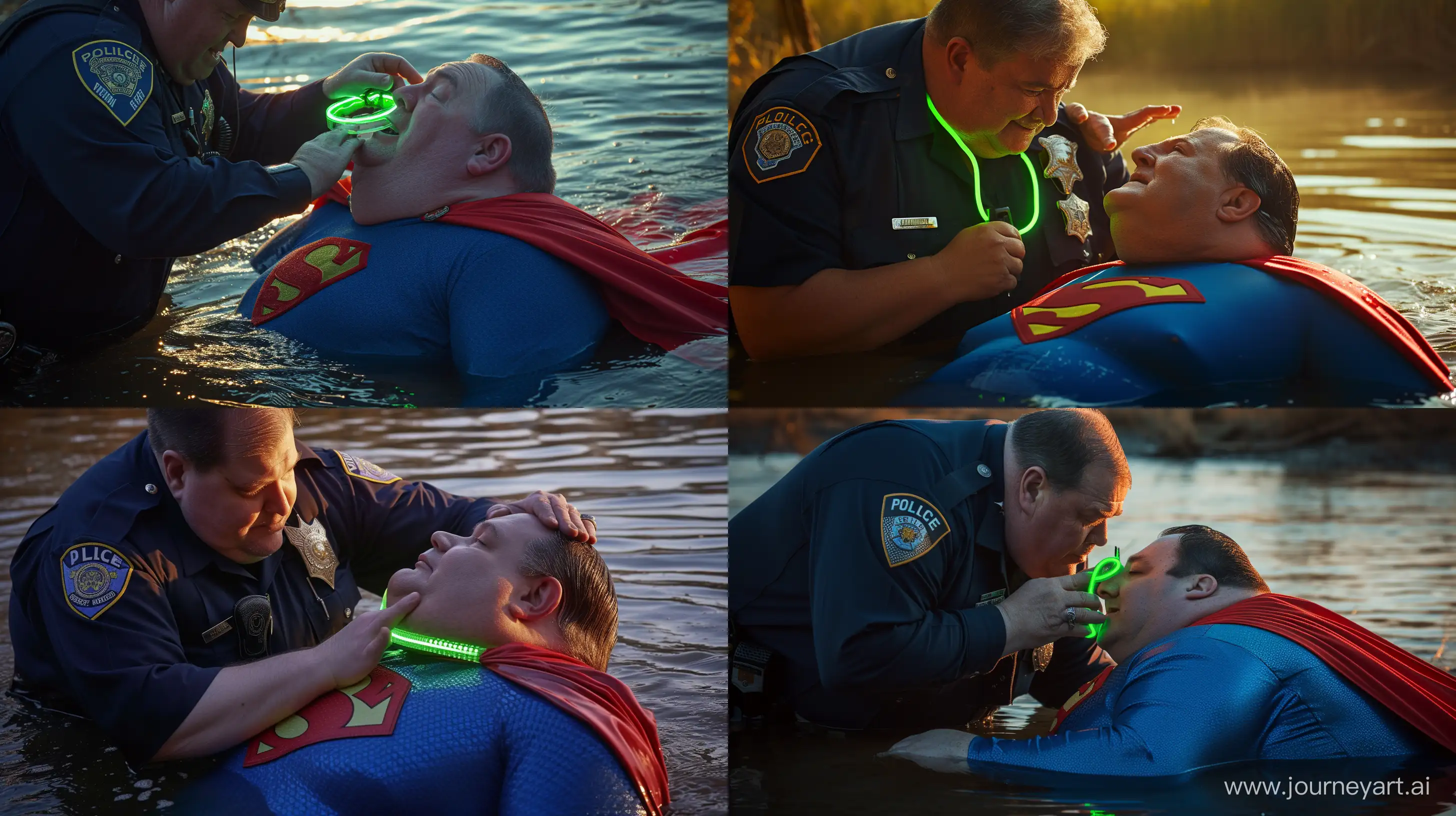 Close-up photo of a fat man aged 60 wearing a navy police uniform. Bending and putting a tight green glowing neon dog collar on the nape of a fat man aged 60 wearing a tight blue 1978 superman costume with a red cape lying in the water. Natural Light. River. --style raw --ar 16:9