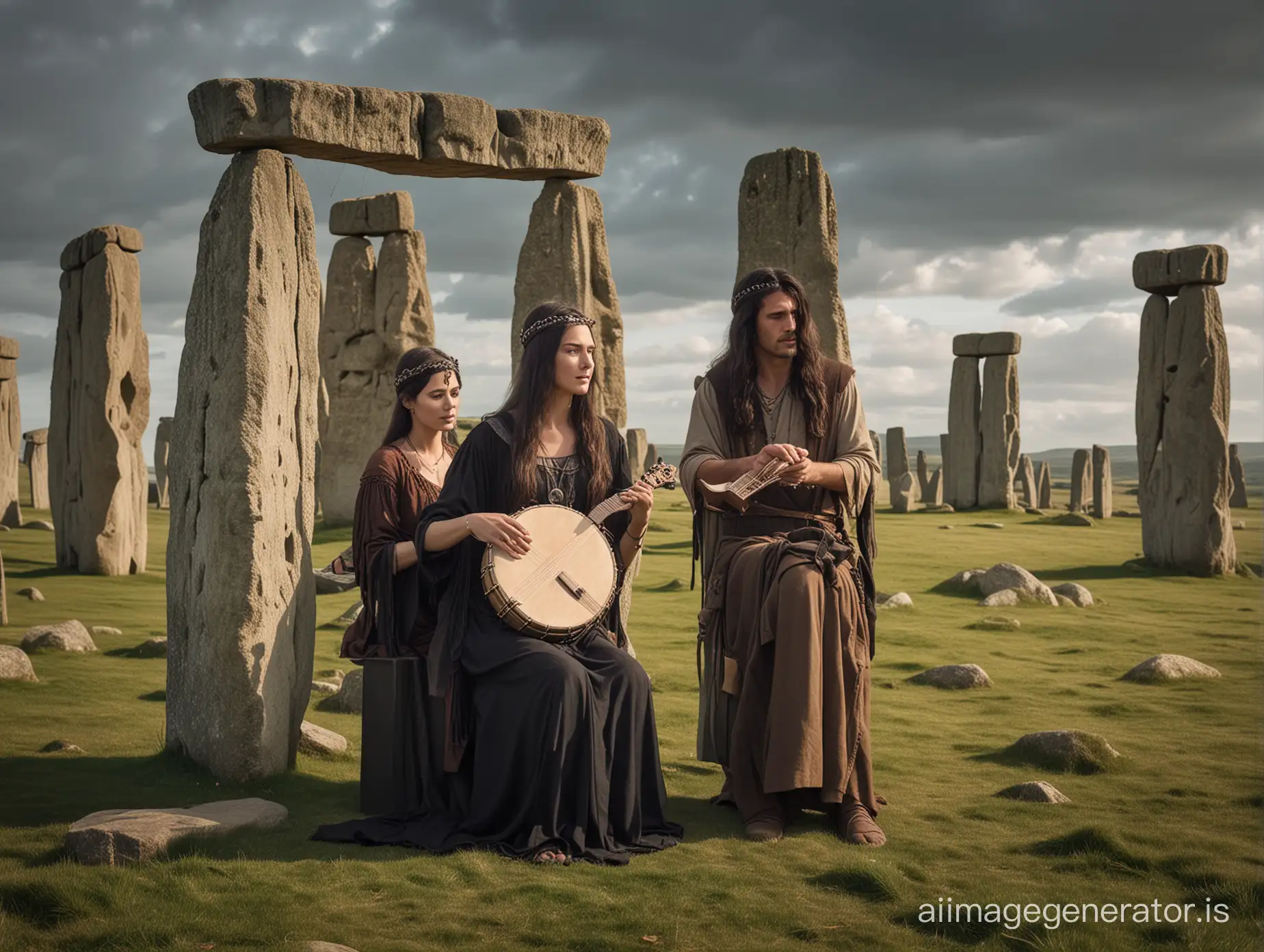 slender dark haired norse witch and a man of the same size playing music on small lyre and hand drum in an ancient stonehenge
