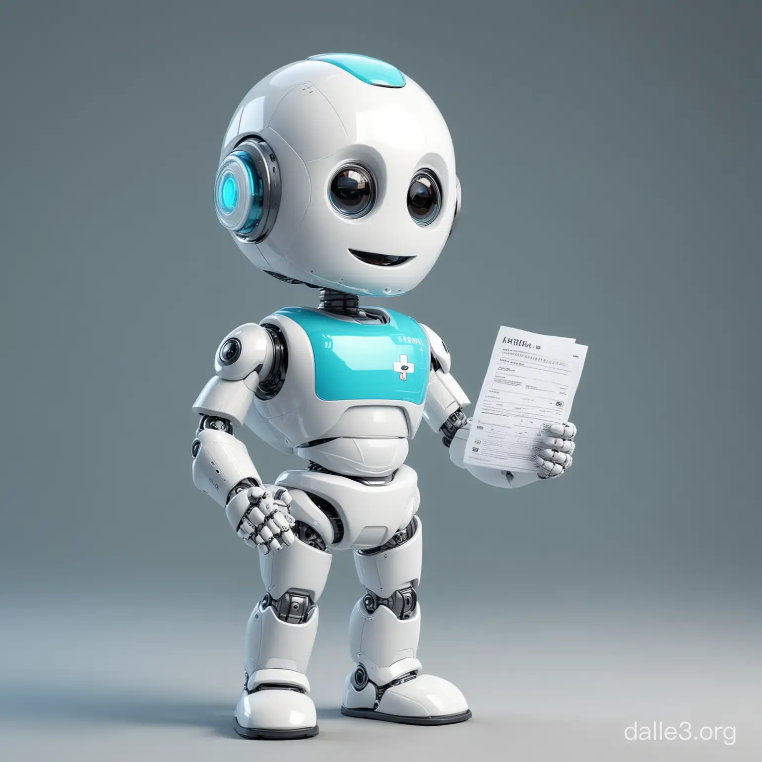 a small cute AI robot in medical uniform smiling and holding a prescription