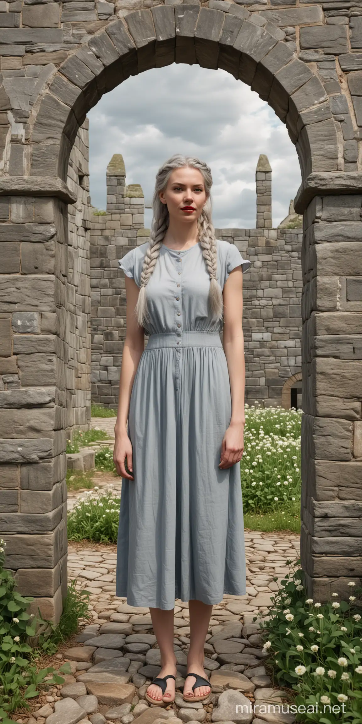 a realistic full body portrait of  a woman with long grey braided hair, a big red nose, pale skin, looking grumpy into the camera, behind her a stone arch , one bare foot forward, holding up a big white clover flower in protest, 