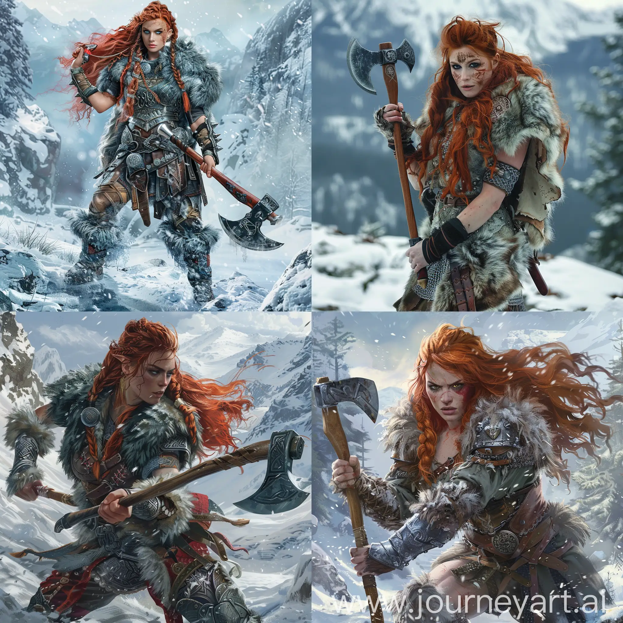 redhaired viking woman, armed with an axe and fully clothed with fur armor, in a snowy mountainous environment